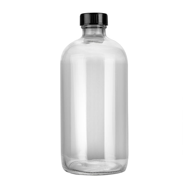 Restaurantware Vetri 16 Oz Boston Round Clear Glass Bottle - With Black Phenolic Cap - 3" X 3" X 6 3/4" - 12 Count Box