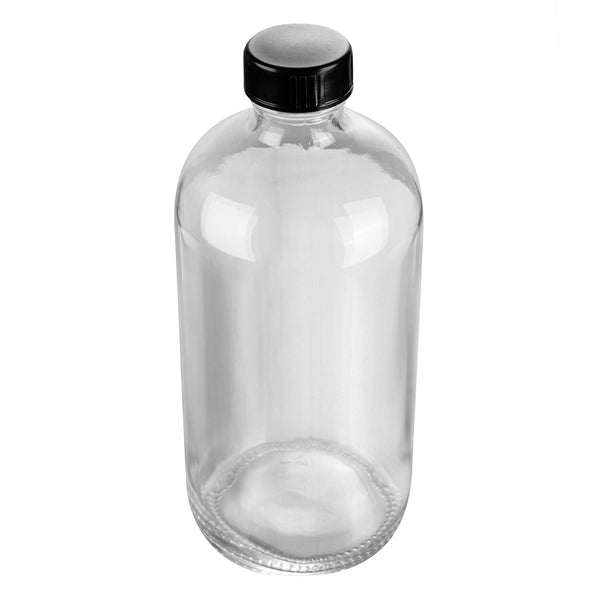 Restaurantware Vetri 16 Oz Boston Round Clear Glass Bottle - With Black Phenolic Cap - 3" X 3" X 6 3/4" - 12 Count Box