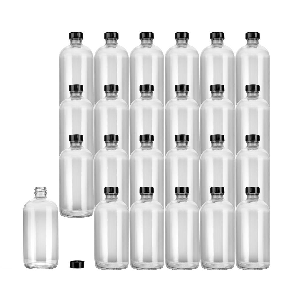 restaurantware Vetri 16 oz Boston Round Clear Glass Bottle - with Black Phenolic Cap - 3" x 3" x 6 3/4" - 12 count box
