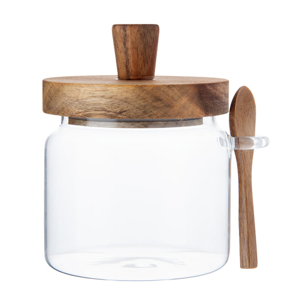 Restaurantware Vetri 17 Oz Glass Storage Jar - With Acacia Lid And Spoon - 3 1/4" X 3 1/4" X 5" - 1 Count Box