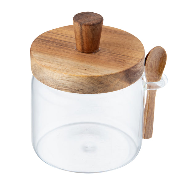 Restaurantware Vetri 17 Oz Glass Storage Jar - With Acacia Lid And Spoon - 3 1/4" X 3 1/4" X 5" - 1 Count Box