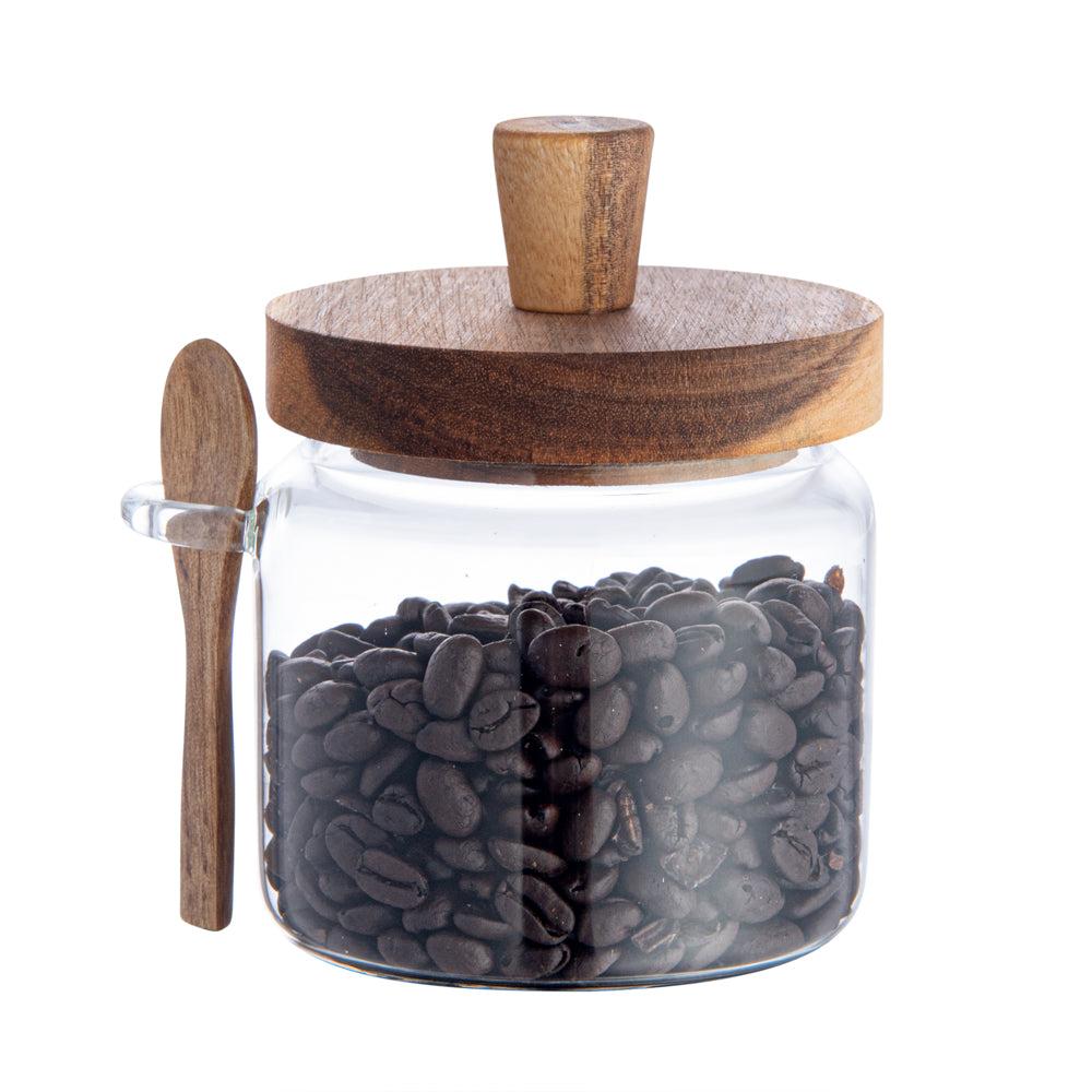 restaurantware Vetri 17 oz Glass Storage Jar - with Acacia Lid and Spoon - 3 1/4" x 3 1/4" x 5" - 1 count box