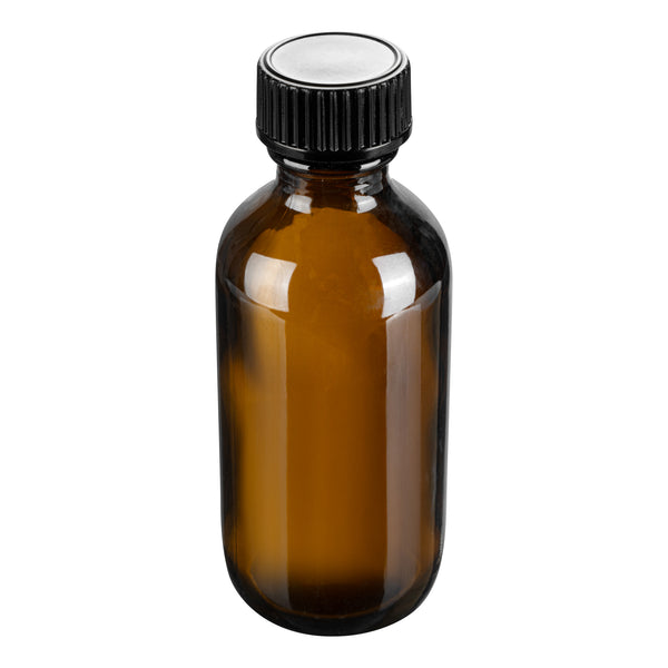 Restaurantware Vetri 2 Oz Boston Round Amber Glass Bottle - With Black Phenolic Cap - 1 1/2" X 1 1/2" X 3 3/4" - 48 Count Box