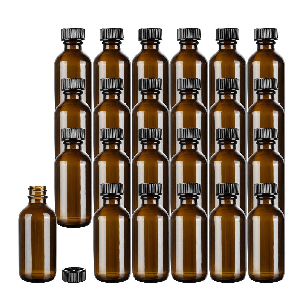 restaurantware Vetri 2 oz Boston Round Amber Glass Bottle - with Black Phenolic Cap - 1 1/2" x 1 1/2" x 3 3/4" - 48 count box