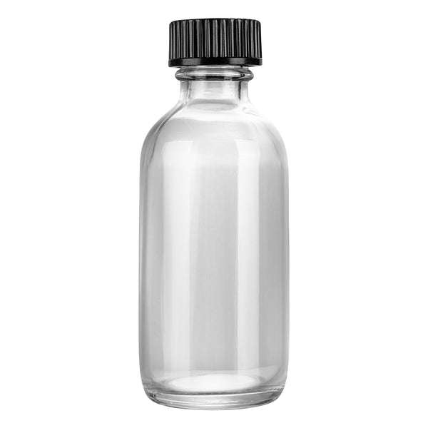Restaurantware Vetri 2 Oz Boston Round Clear Glass Bottle - With Black Phenolic Cap - 1 1/2" X 1 1/2" X 3 3/4" - 48 Count Box