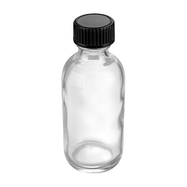 Restaurantware Vetri 2 Oz Boston Round Clear Glass Bottle - With Black Phenolic Cap - 1 1/2" X 1 1/2" X 3 3/4" - 48 Count Box