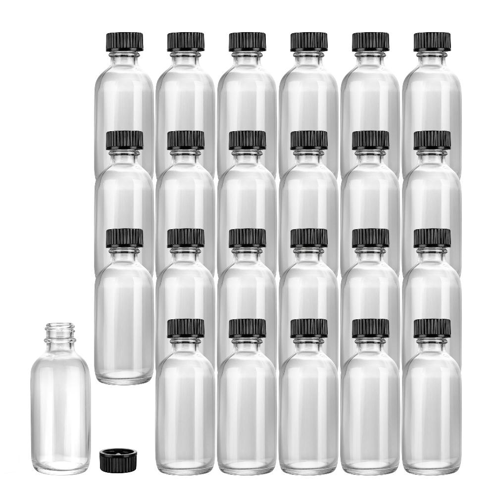 restaurantware Vetri 2 oz Boston Round Clear Glass Bottle - with Black Phenolic Cap - 1 1/2" x 1 1/2" x 3 3/4" - 48 count box