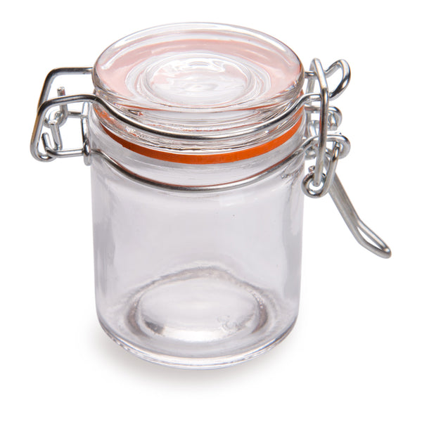 Restaurantware Vetri 2 Oz Round Glass Nostalgic Mason Jar - With Clamp Lid - 1 3/4" X 1 3/4" X 2 1/4" - 10 Count Box