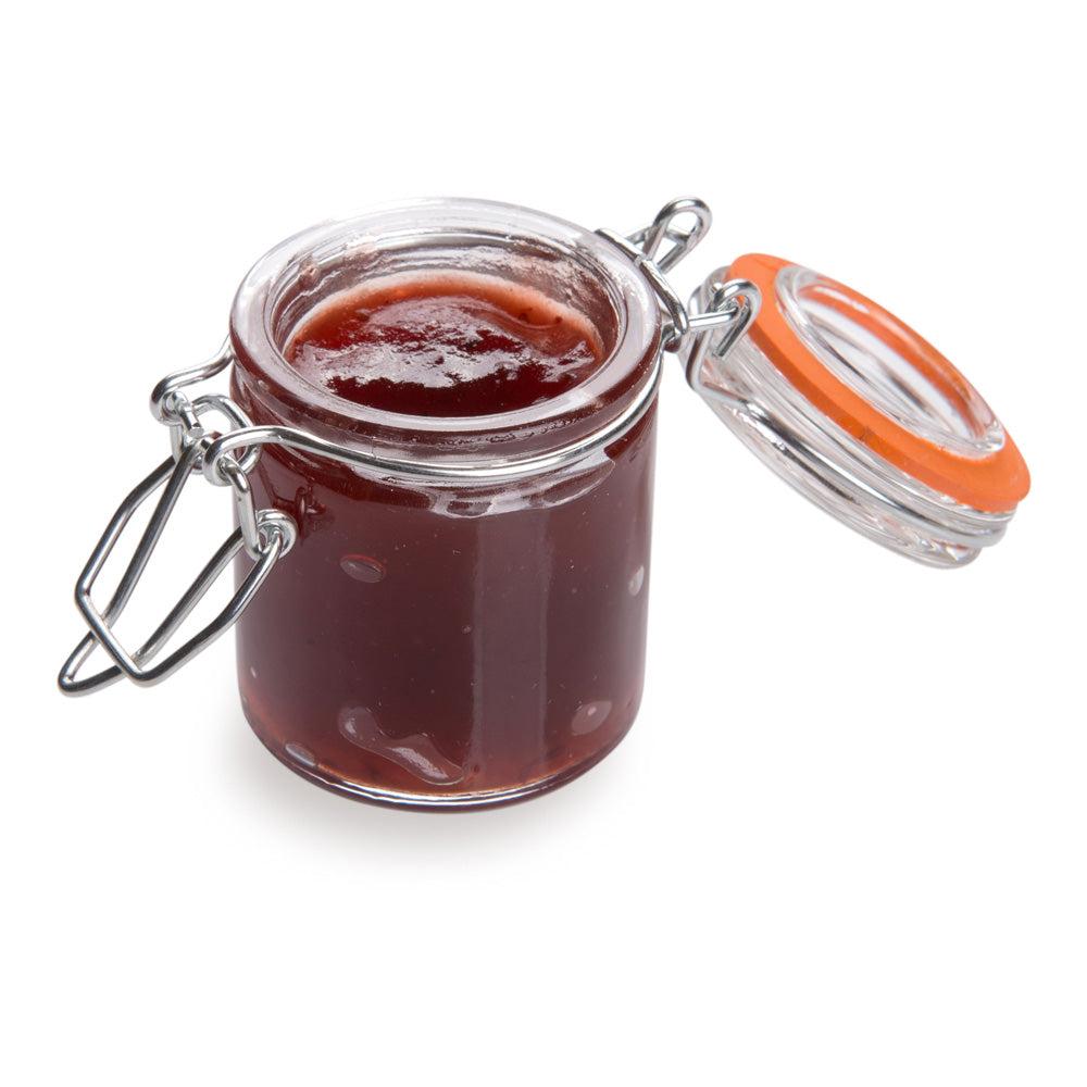 restaurantware Vetri 2 oz Round Glass Nostalgic Mason Jar - with Clamp Lid - 1 3/4" x 1 3/4" x 2 1/4" - 10 count box
