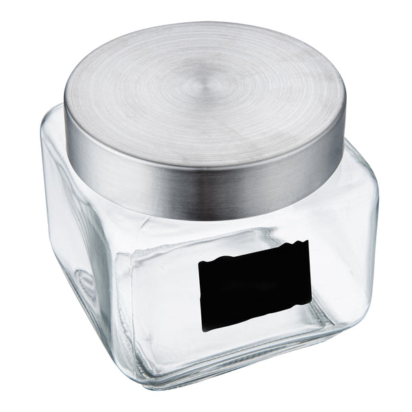 Restaurantware Vetri 20 Oz Glass Storage Jar - With Lid Chalkboard Label - 3 1/2" X 3 1/2" X 4 1/4" - 1 Count Box