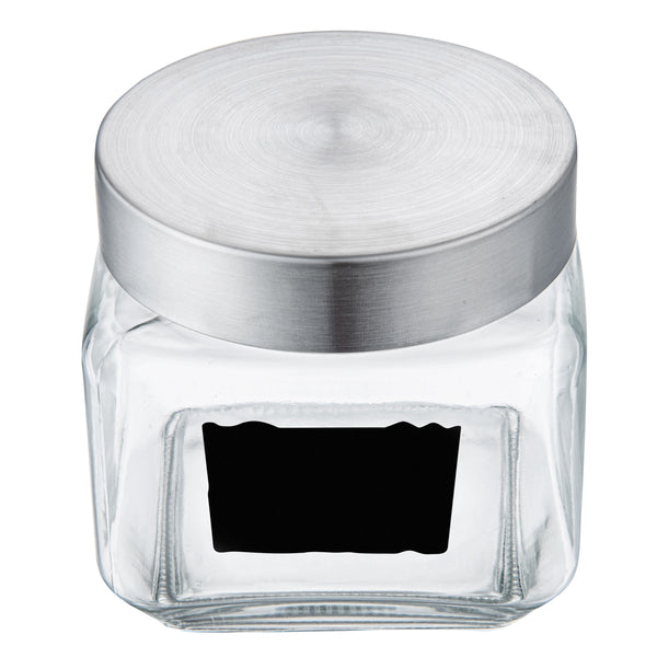 Restaurantware Vetri 20 Oz Glass Storage Jar - With Lid Chalkboard Label - 3 1/2" X 3 1/2" X 4 1/4" - 1 Count Box