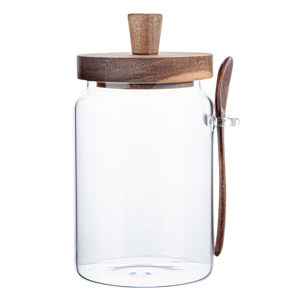 Restaurantware Vetri 29 Oz Glass Storage Jar - With Acacia Lid And Spoon - 3 1/4" X 3 1/4" X 7 1/2" - 1 Count Box