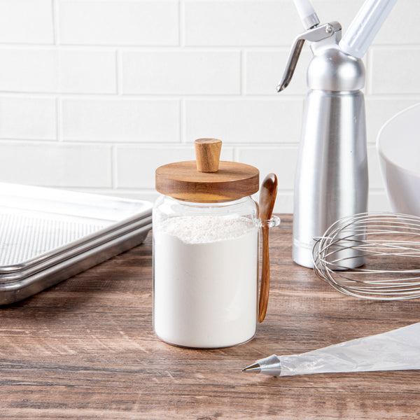 Restaurantware Vetri 29 Oz Glass Storage Jar - With Acacia Lid And Spoon - 3 1/4" X 3 1/4" X 7 1/2" - 1 Count Box