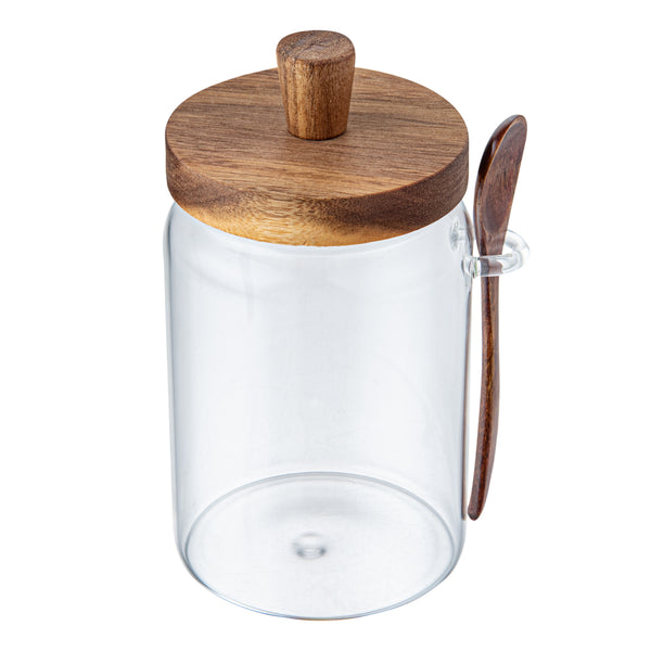 Restaurantware Vetri 29 Oz Glass Storage Jar - With Acacia Lid And Spoon - 3 1/4" X 3 1/4" X 7 1/2" - 1 Count Box
