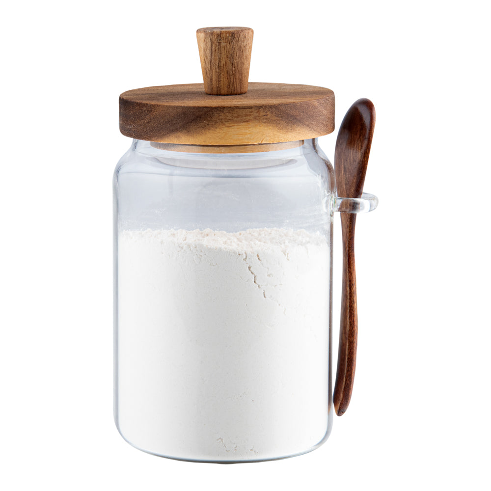 restaurantware Vetri 29 oz Glass Storage Jar - with Acacia Lid and Spoon - 3 1/4" x 3 1/4" x 7 1/2" - 1 count box