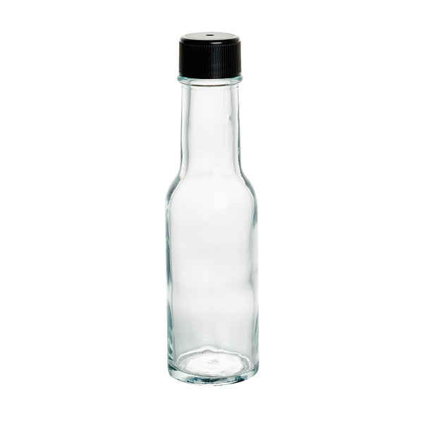 Restaurantware Vetri 3 Oz Glass Woozy Bottle - With Black Cap - 1 1/2" X 1 1/2" X 6" - 10 Count Box