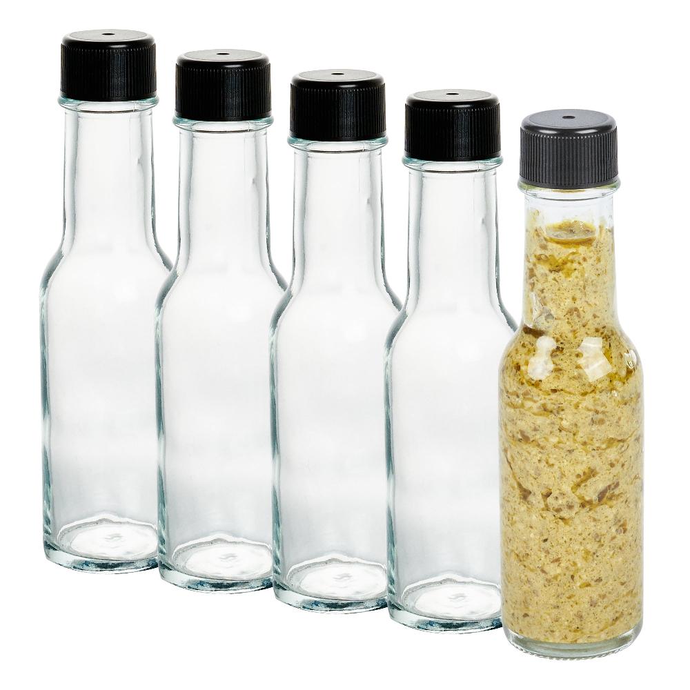 restaurantware Vetri 3 oz Glass Woozy Bottle - with Black Cap - 1 1/2" x 1 1/2" x 6" - 10 count box