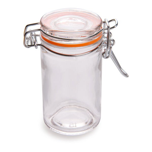 Restaurantware Vetri 3 Oz Round Glass Nostalgic Mason Jar - With Clamp Lid - 1 3/4" X 1 3/4" X 3 1/4" - 10 Count Box