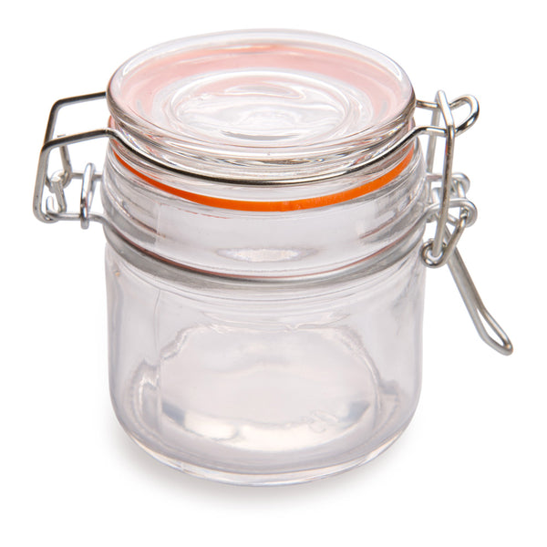 Restaurantware Vetri 3 Oz Round Glass Wide Nostalgic Mason Jar - With Clamp Lid - 2 1/2" X 2 1/2" X 2 3/4" - 10 Count Box