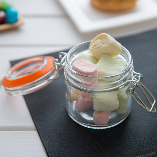 Restaurantware Vetri 3 Oz Round Glass Wide Nostalgic Mason Jar - With Clamp Lid - 2 1/2" X 2 1/2" X 2 3/4" - 10 Count Box