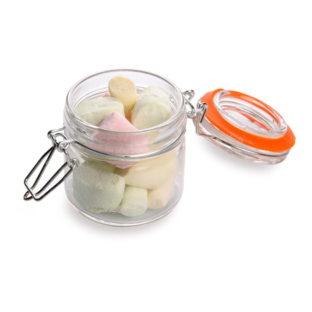 restaurantware Vetri 3 oz Round Glass Wide Nostalgic Mason Jar - with Clamp Lid - 2 1/2" x 2 1/2" x 2 3/4" - 10 count box