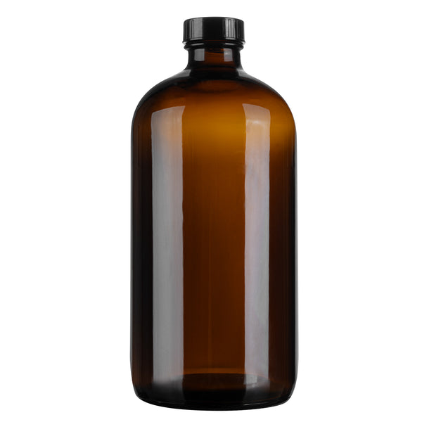 Restaurantware Vetri 32 Oz Boston Round Amber Glass Bottle - With Black Phenolic Cap - 3 3/4" X 3 3/4" X 8" - 12 Count Box