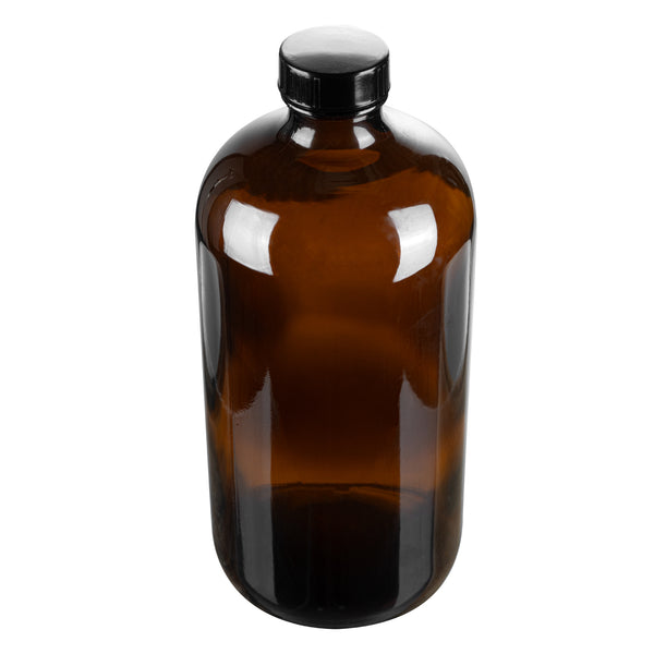Restaurantware Vetri 32 Oz Boston Round Amber Glass Bottle - With Black Phenolic Cap - 3 3/4" X 3 3/4" X 8" - 12 Count Box