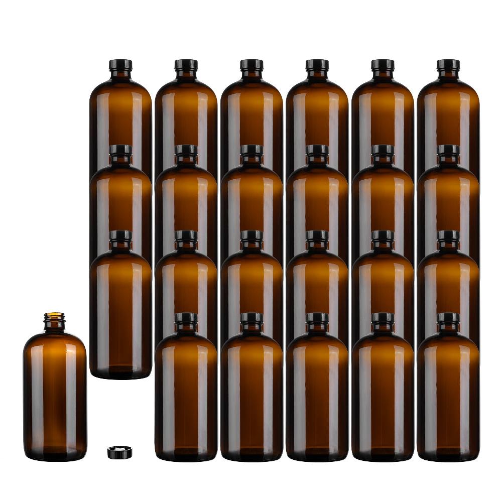 restaurantware Vetri 32 oz Boston Round Amber Glass Bottle - with Black Phenolic Cap - 3 3/4" x 3 3/4" x 8" - 12 count box