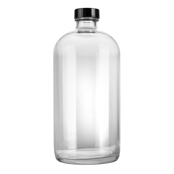Restaurantware Vetri 32 Oz Boston Round Clear Glass Bottle - With Black Phenolic Cap - 3 3/4" X 3 3/4" X 8" - 12 Count Box