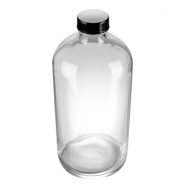 Restaurantware Vetri 32 Oz Boston Round Clear Glass Bottle - With Black Phenolic Cap - 3 3/4" X 3 3/4" X 8" - 12 Count Box