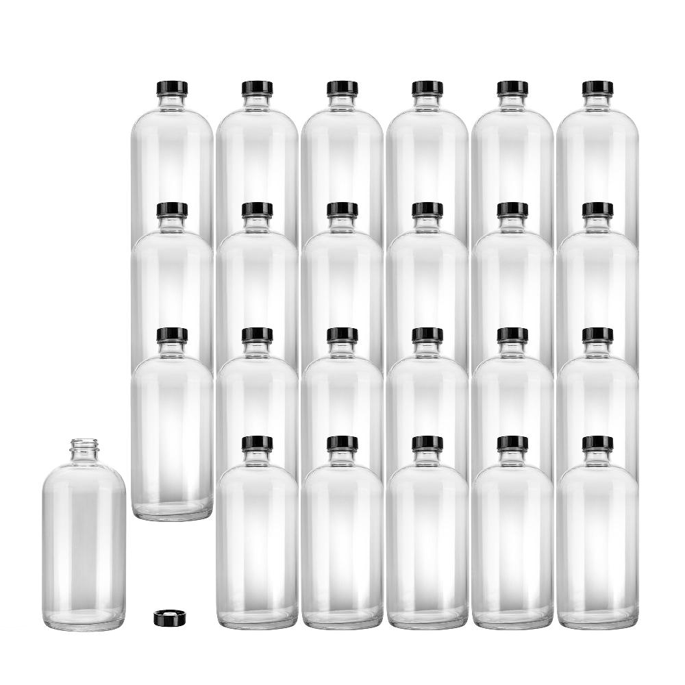 restaurantware Vetri 32 oz Boston Round Clear Glass Bottle - with Black Phenolic Cap - 3 3/4" x 3 3/4" x 8" - 12 count box