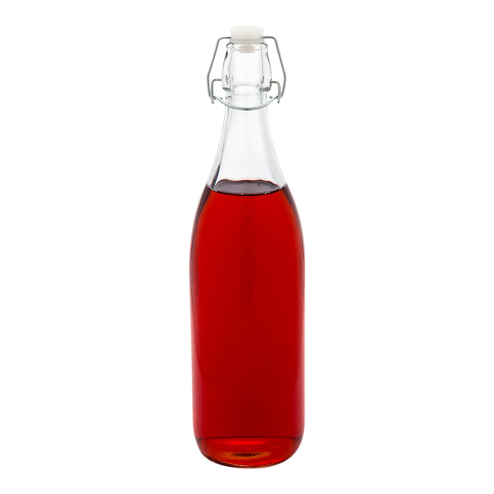 restaurantware Vetri 34 oz Round Glass Nostalgic Bottle - Swing Top - 3 1/4" x 3 1/4" x 12 1/2" - 10 count box