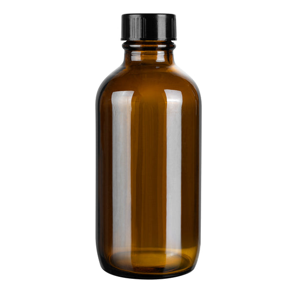 Restaurantware Vetri 4 Oz Boston Round Amber Glass Bottle - With Black Phenolic Cap - 2" X 2" X 4 1/2" - 24 Count Box