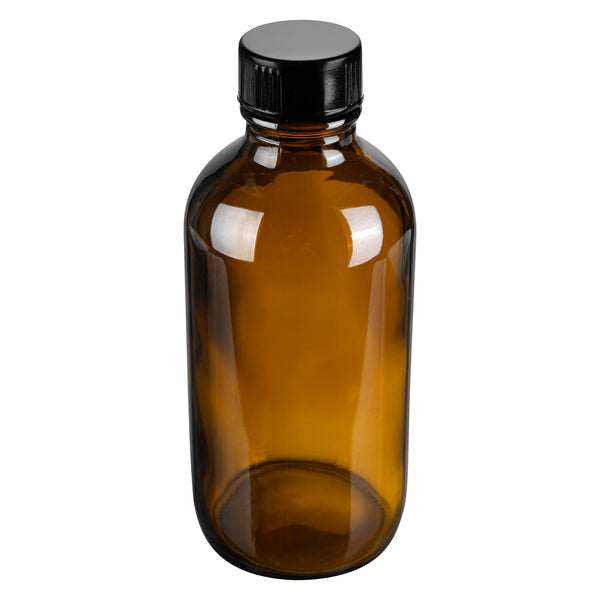 Restaurantware Vetri 4 Oz Boston Round Amber Glass Bottle - With Black Phenolic Cap - 2" X 2" X 4 1/2" - 24 Count Box