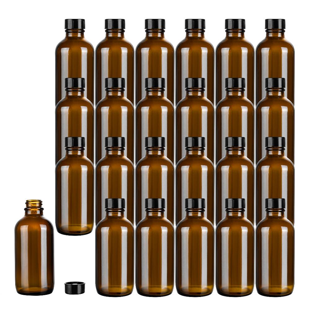 restaurantware Vetri 4 oz Boston Round Amber Glass Bottle - with Black Phenolic Cap - 2" x 2" x 4 1/2" - 24 count box