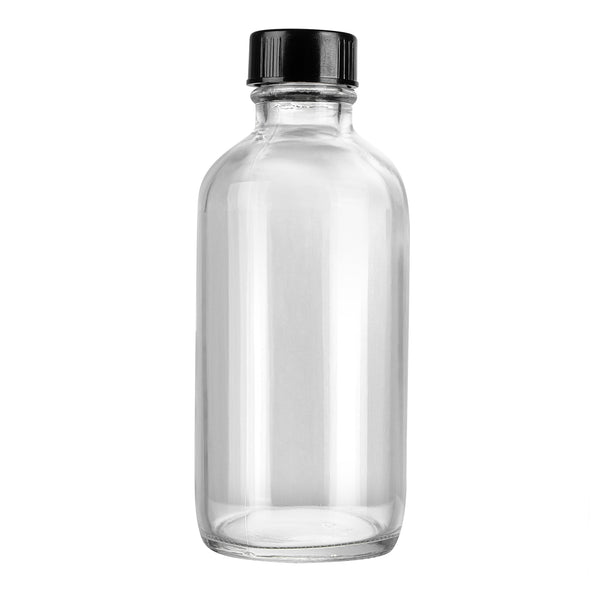 Restaurantware Vetri 4 Oz Boston Round Clear Glass Bottle - With Black Phenolic Cap - 2" X 2" X 4 1/2" - 24 Count Box