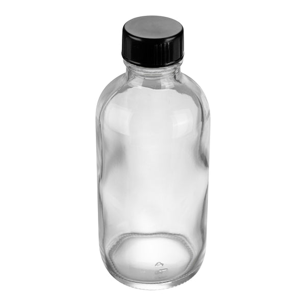 Restaurantware Vetri 4 Oz Boston Round Clear Glass Bottle - With Black Phenolic Cap - 2" X 2" X 4 1/2" - 24 Count Box