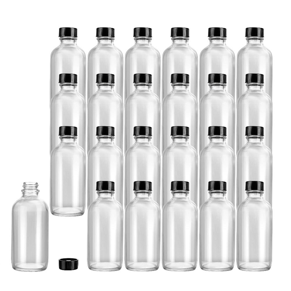 restaurantware Vetri 4 oz Boston Round Clear Glass Bottle - with Black Phenolic Cap - 2" x 2" x 4 1/2" - 24 count box