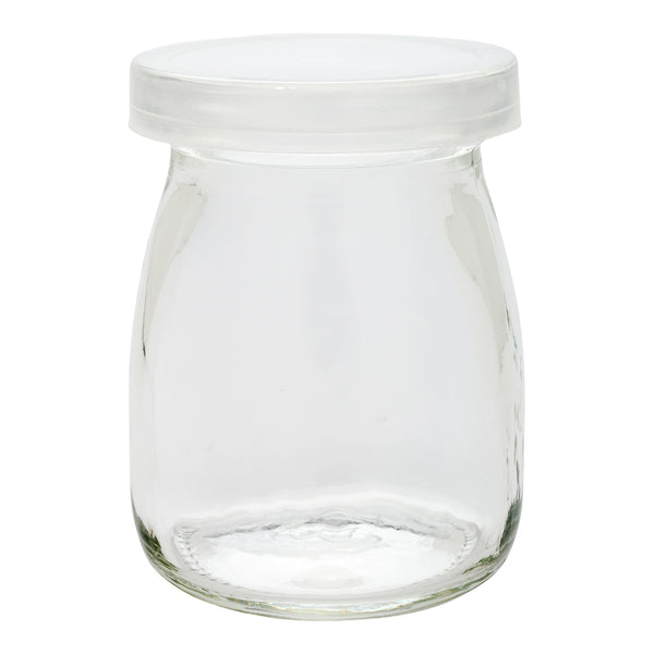 Restaurantware Vetri 4 Oz Round Nostalgic Milk And Yogurt Glass - With Plastic Lid - 2 1/4" X 2 1/4" X 3" - 100 Count Box