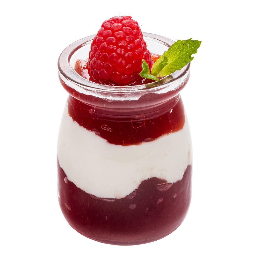 restaurantware Vetri 4 oz Round Nostalgic Milk and Yogurt Glass - with Plastic Lid - 2 1/4" x 2 1/4" x 3" - 100 count box