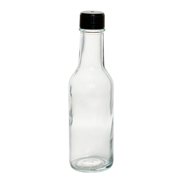 Restaurantware Vetri 5 Oz Glass Woozy Bottle - With Black Cap - 1 3/4" X 1 3/4" X 6 3/4" - 10 Count Box