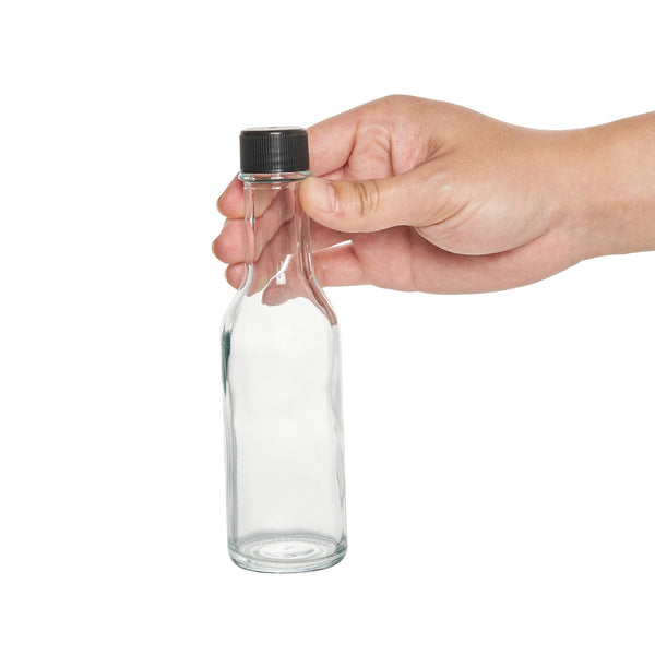 Restaurantware Vetri 5 Oz Glass Woozy Bottle - With Black Cap - 1 3/4" X 1 3/4" X 6 3/4" - 10 Count Box