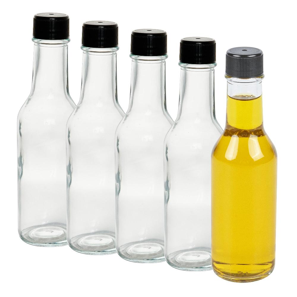 restaurantware Vetri 5 oz Glass Woozy Bottle - with Black Cap - 1 3/4" x 1 3/4" x 6 3/4" - 10 count box