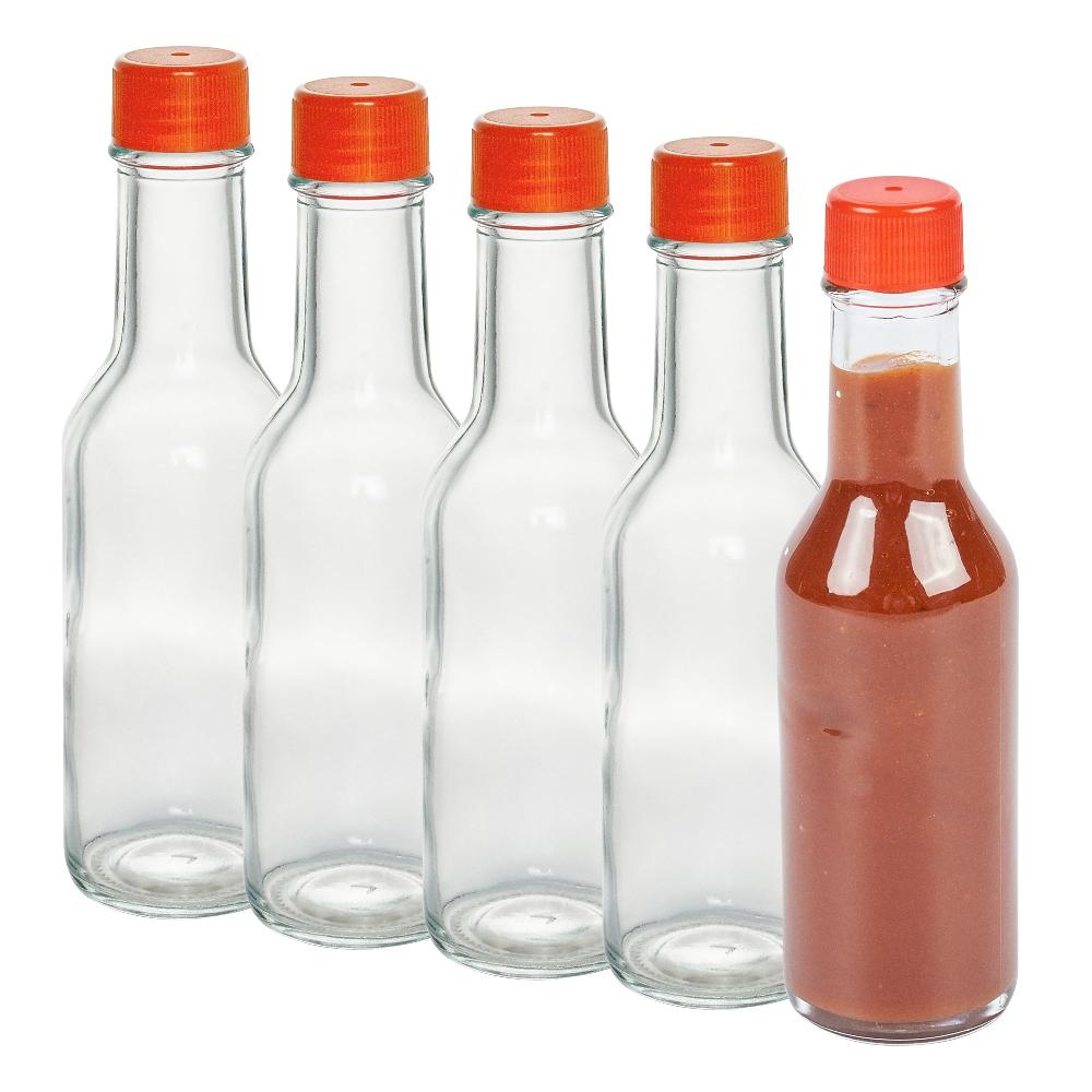 restaurantware Vetri 5 oz Glass Woozy Bottle - with Red Cap - 1 3/4" x 1 3/4" x 6 3/4" - 10 count box