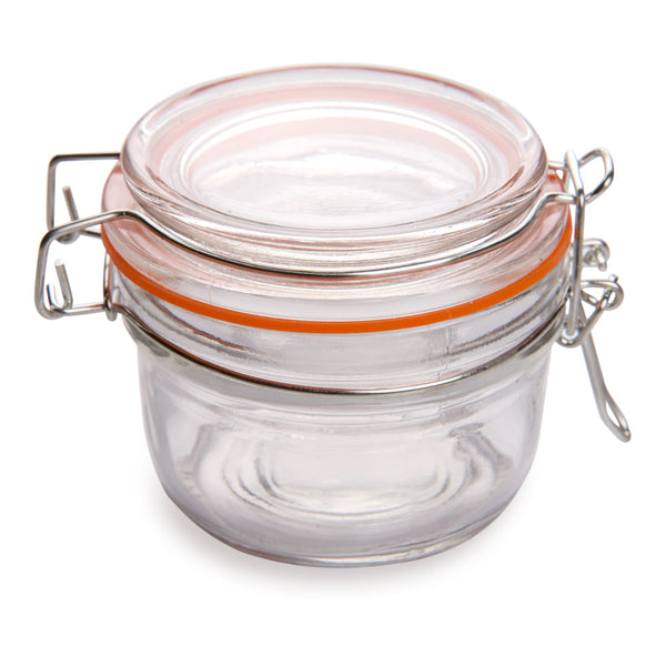 Restaurantware Vetri 5 Oz Round Glass Nostalgic Mason Jar - With Clamp Lid - 3 1/4" X 3 1/4" X 2 3/4" - 10 Count Box