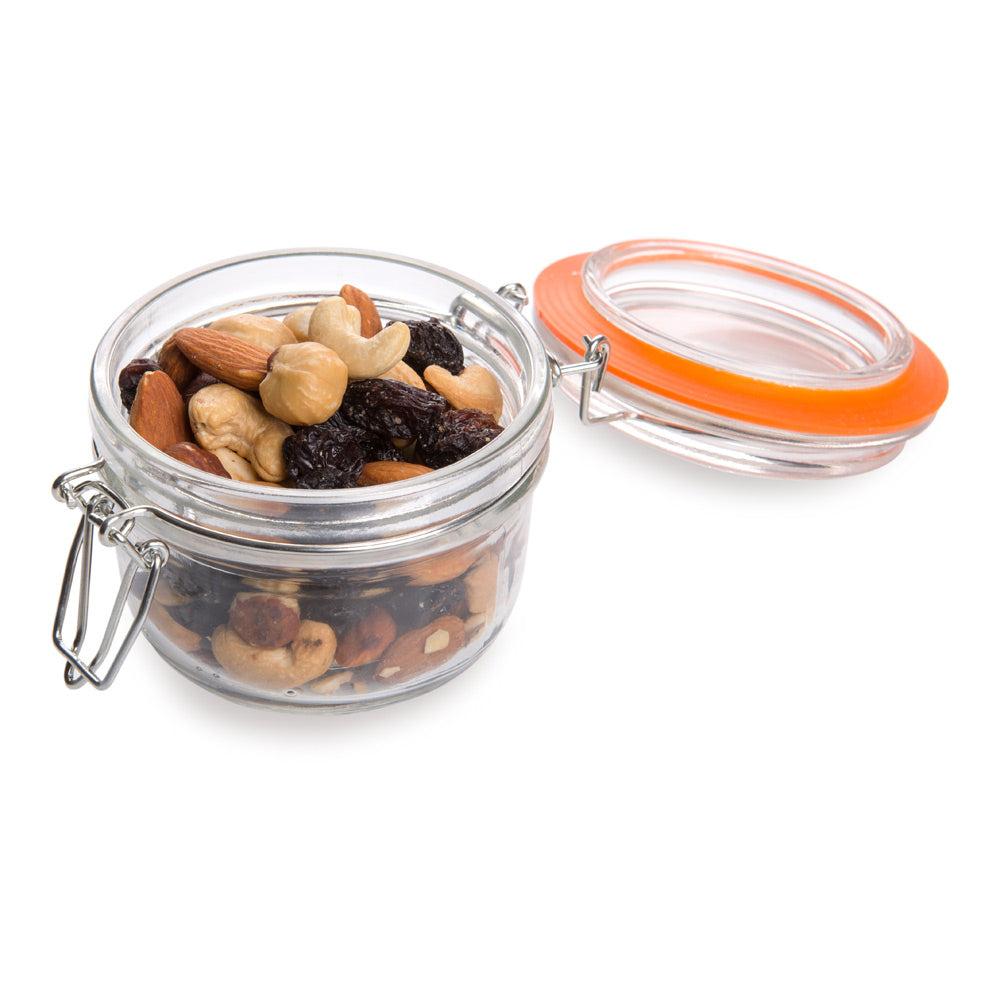 restaurantware Vetri 5 oz Round Glass Nostalgic Mason Jar - with Clamp Lid - 3 1/4" x 3 1/4" x 2 3/4" - 10 count box