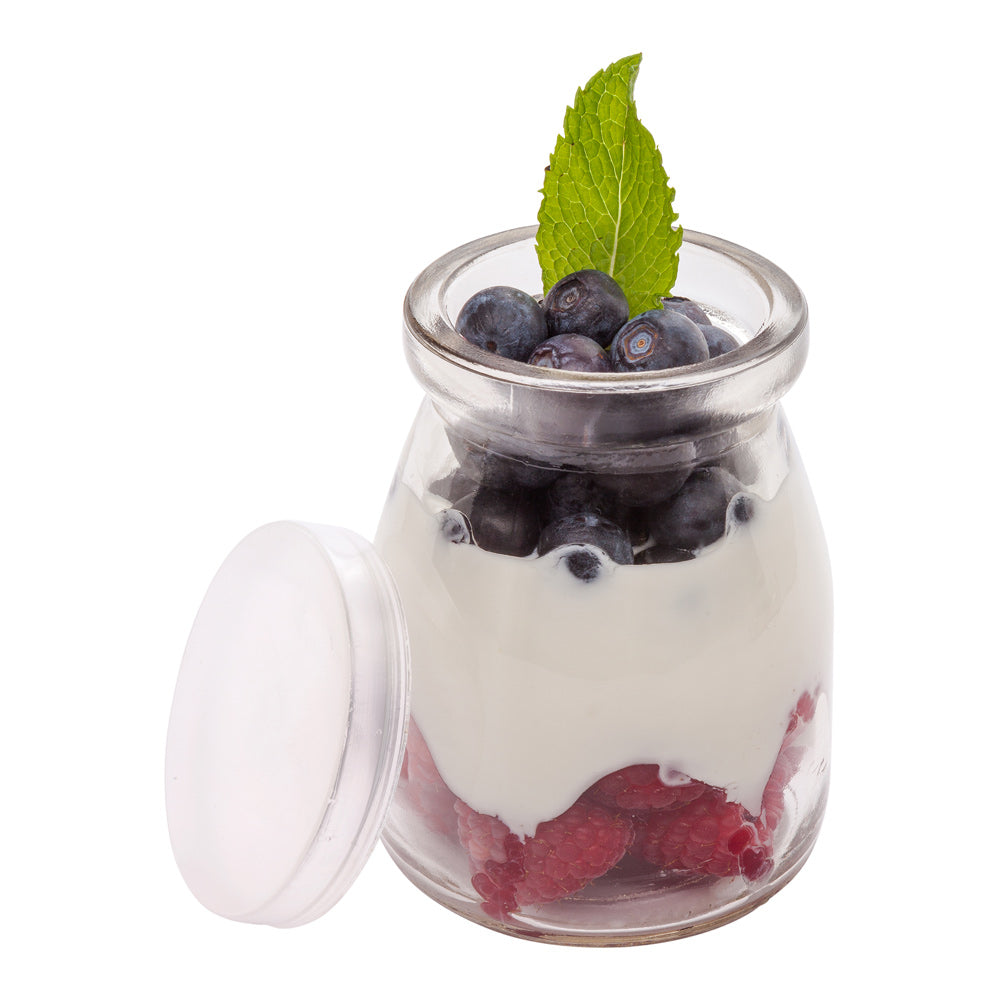 restaurantware Vetri 5 oz Round Nostalgic Milk and Yogurt Glass - with Plastic Lid - 2 1/2" x 2 1/2" x 3 1/4" - 100 count box