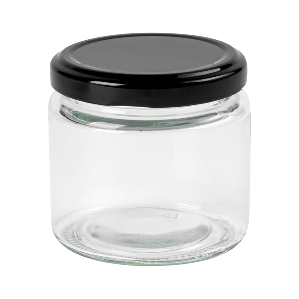 Restaurantware Vetri 6 Oz Clear Glass Jar - With Black Metal Lid - 2 3/4" X 2 3/4" X 2 1/2" - 100 Count Box