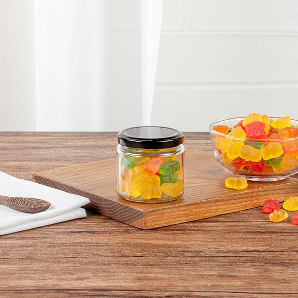 Restaurantware Vetri 6 Oz Clear Glass Jar - With Black Metal Lid - 2 3/4" X 2 3/4" X 2 1/2" - 100 Count Box