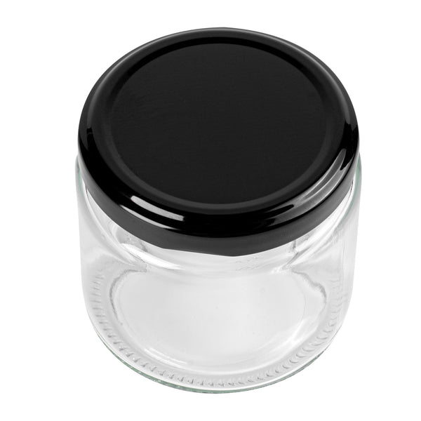 Restaurantware Vetri 6 Oz Clear Glass Jar - With Black Metal Lid - 2 3/4" X 2 3/4" X 2 1/2" - 100 Count Box